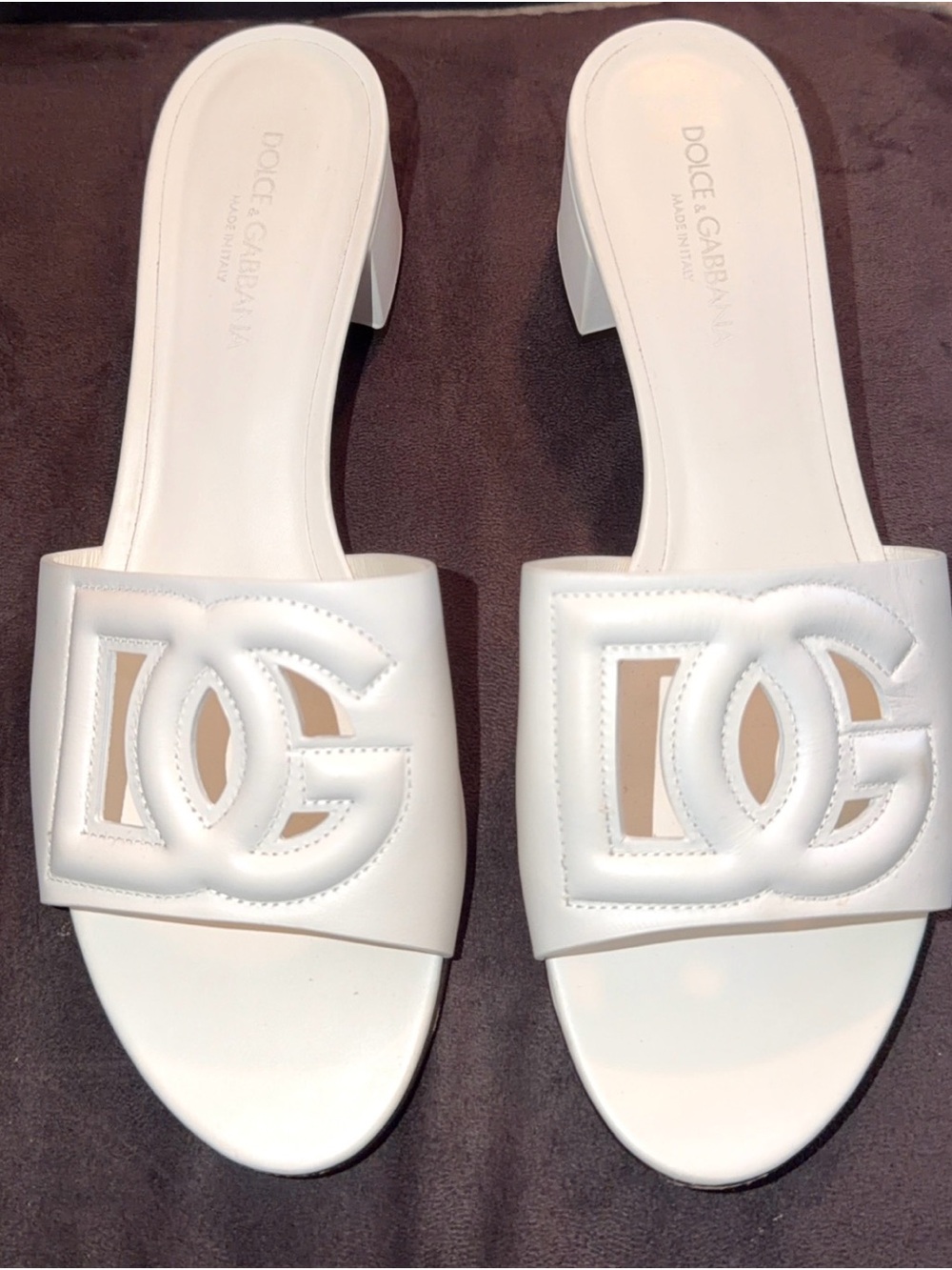 Dolce & Gabbana White Leather DG Logo Slide Mules